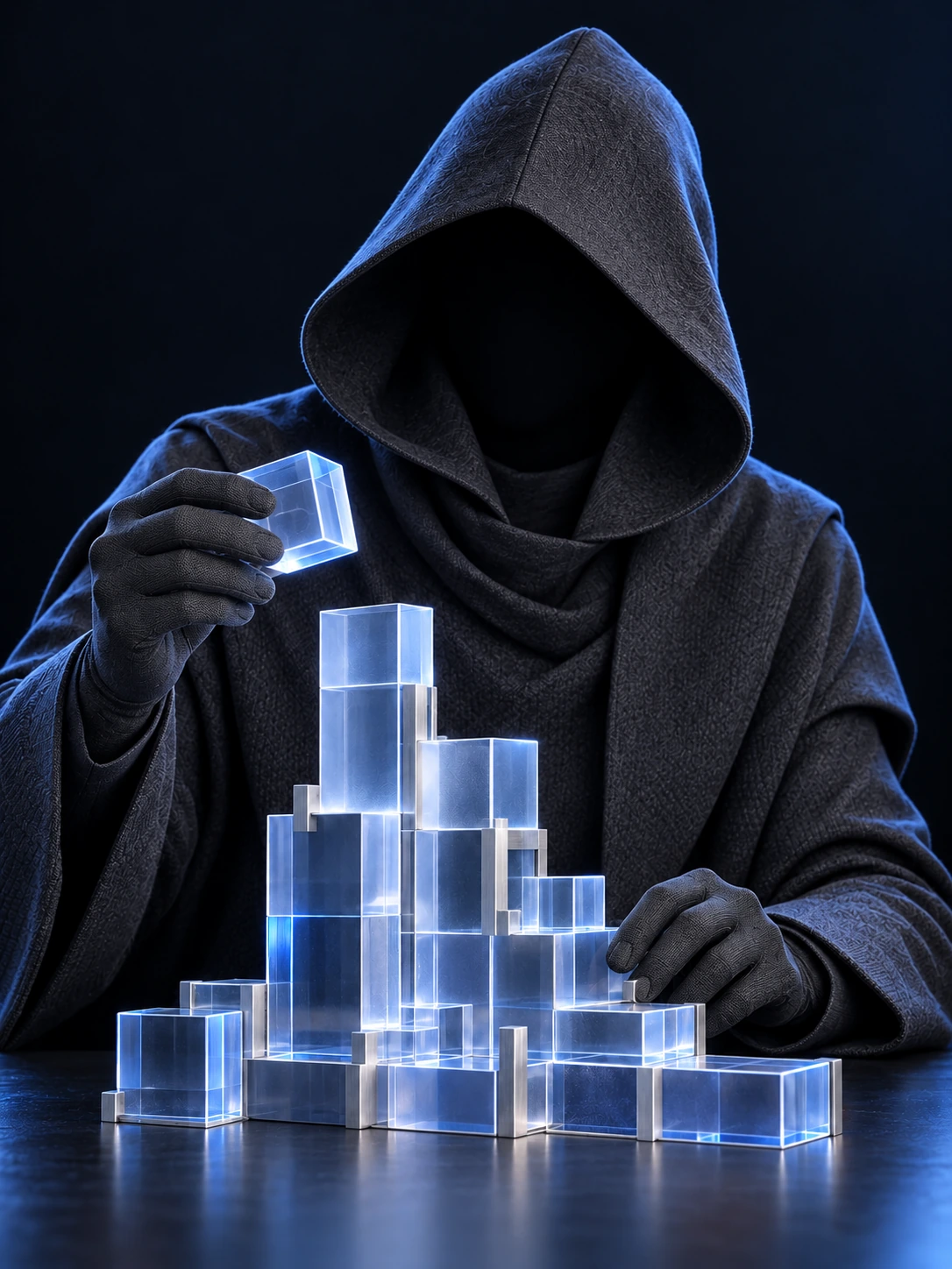 An anonymous cloaked architect assembling luminous blue product blocks