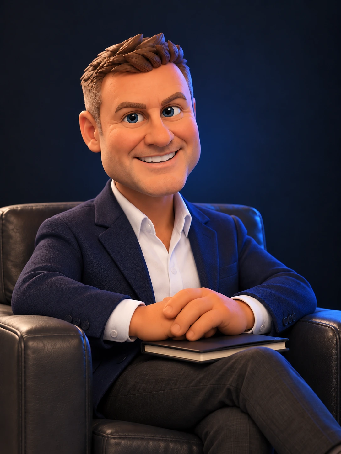 Jason’s corporate 3D caricature seated in a charcoal armchair with a notebook